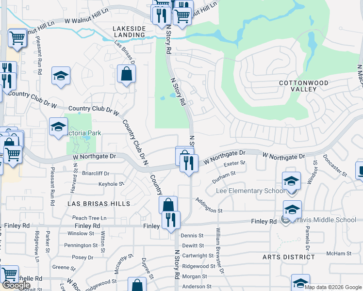 map of restaurants, bars, coffee shops, grocery stores, and more near 2300 Kings Country Drive in Irving