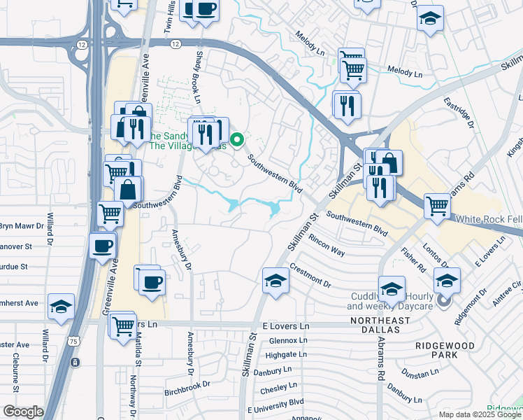 map of restaurants, bars, coffee shops, grocery stores, and more near 8650 Southwestern Boulevard in Dallas