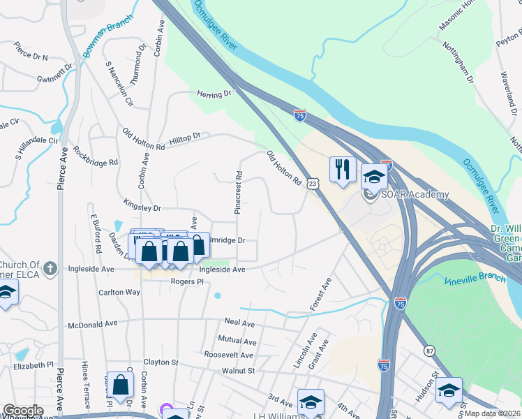 map of restaurants, bars, coffee shops, grocery stores, and more near 498 Bonnie Drive in Macon