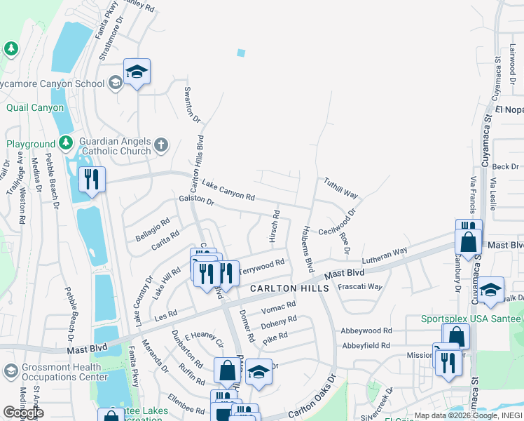 map of restaurants, bars, coffee shops, grocery stores, and more near 9530 Galston Drive in Santee