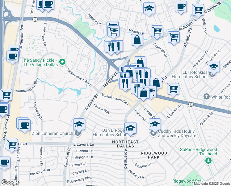 map of restaurants, bars, coffee shops, grocery stores, and more near 5750 Skillman Street in Dallas