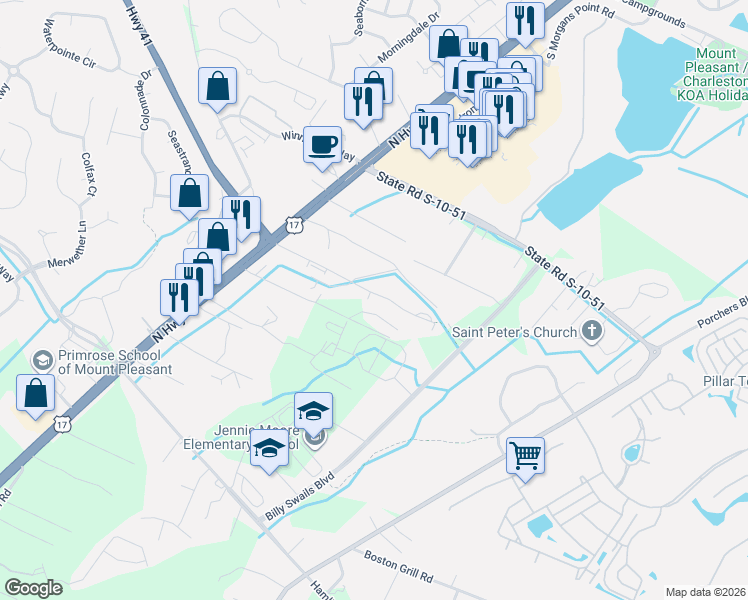 map of restaurants, bars, coffee shops, grocery stores, and more near 1162 Dingle Road in Mount Pleasant