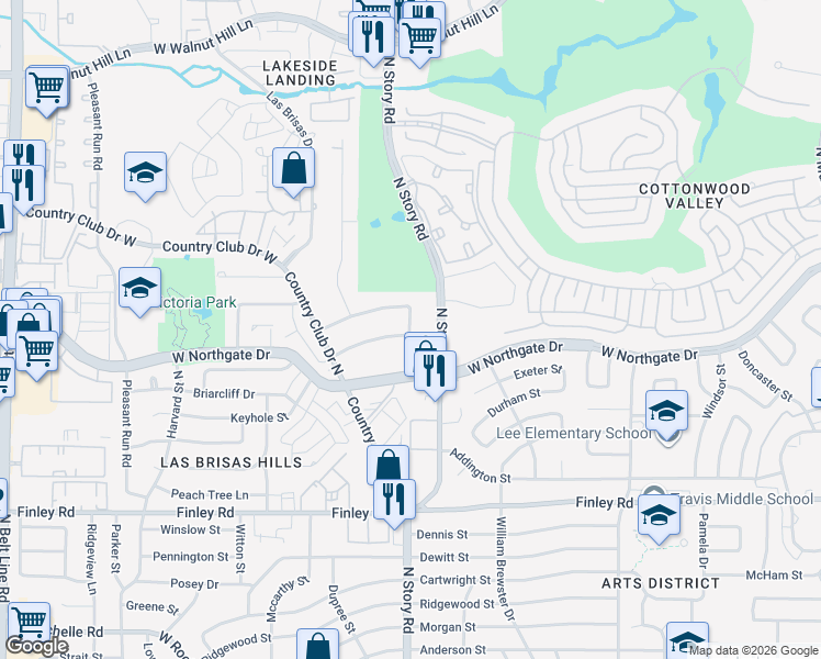 map of restaurants, bars, coffee shops, grocery stores, and more near Buckingham Drive in Irving
