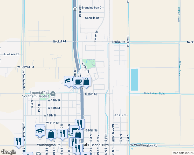 map of restaurants, bars, coffee shops, grocery stores, and more near 410 Roadrunner Lane in Imperial
