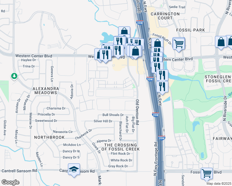 map of restaurants, bars, coffee shops, grocery stores, and more near 2828 Landing Creek Drive in Fort Worth