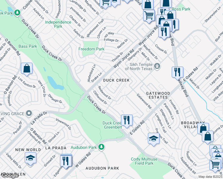 map of restaurants, bars, coffee shops, grocery stores, and more near 4614 Tealwood Circle in Garland
