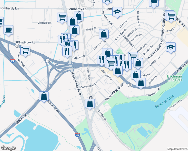 map of restaurants, bars, coffee shops, grocery stores, and more near 2625 Community Drive in Dallas