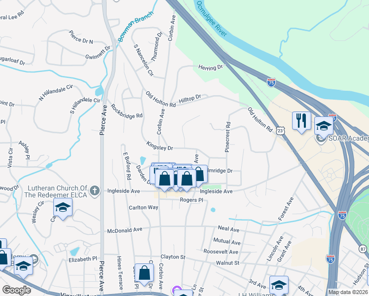 map of restaurants, bars, coffee shops, grocery stores, and more near Kingsley Drive in Macon