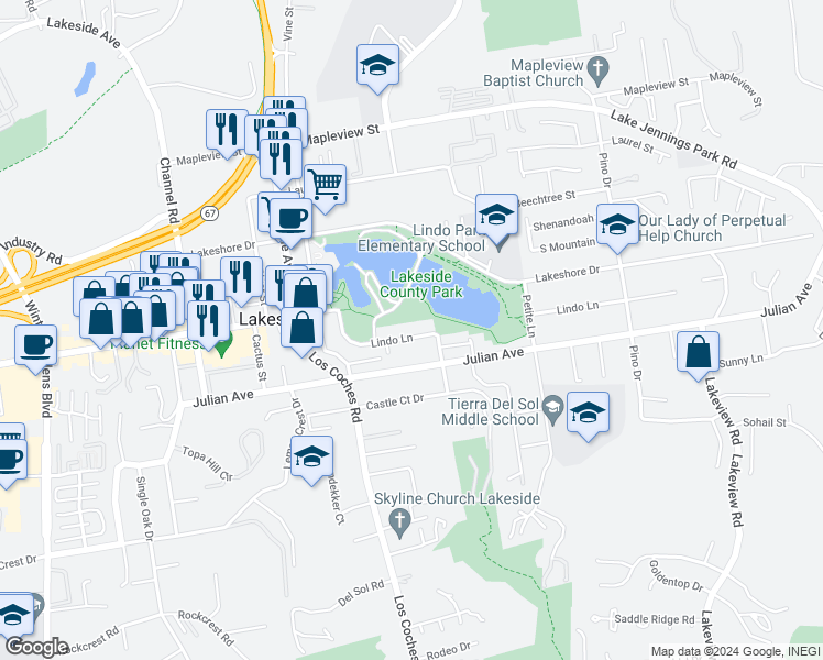 map of restaurants, bars, coffee shops, grocery stores, and more near 12706 Lindo Lane in Lakeside
