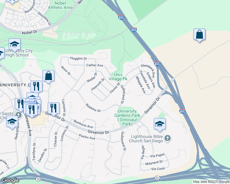 map of restaurants, bars, coffee shops, grocery stores, and more near 7046 Florey Street in San Diego