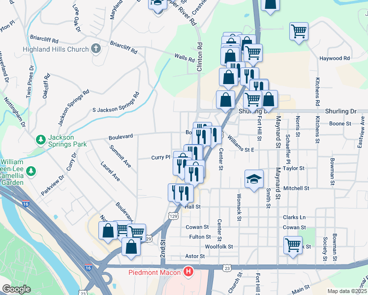 map of restaurants, bars, coffee shops, grocery stores, and more near 1156 Clinton Road in Macon