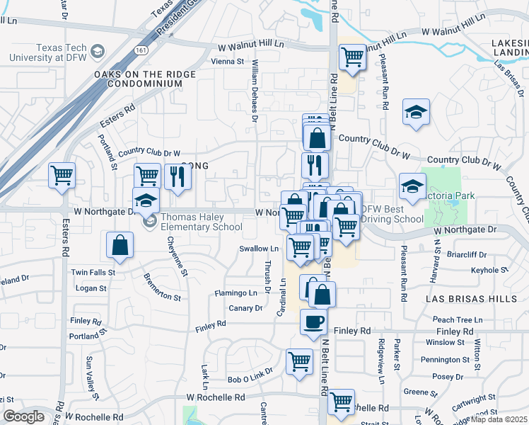 map of restaurants, bars, coffee shops, grocery stores, and more near 3545 West Northgate Drive in Irving