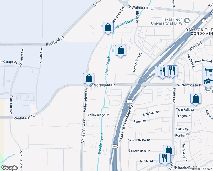 map of restaurants, bars, coffee shops, grocery stores, and more near in Irving