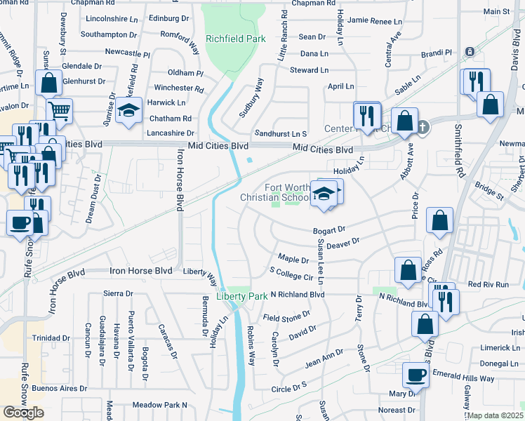 map of restaurants, bars, coffee shops, grocery stores, and more near 6100 Holiday Lane in North Richland Hills
