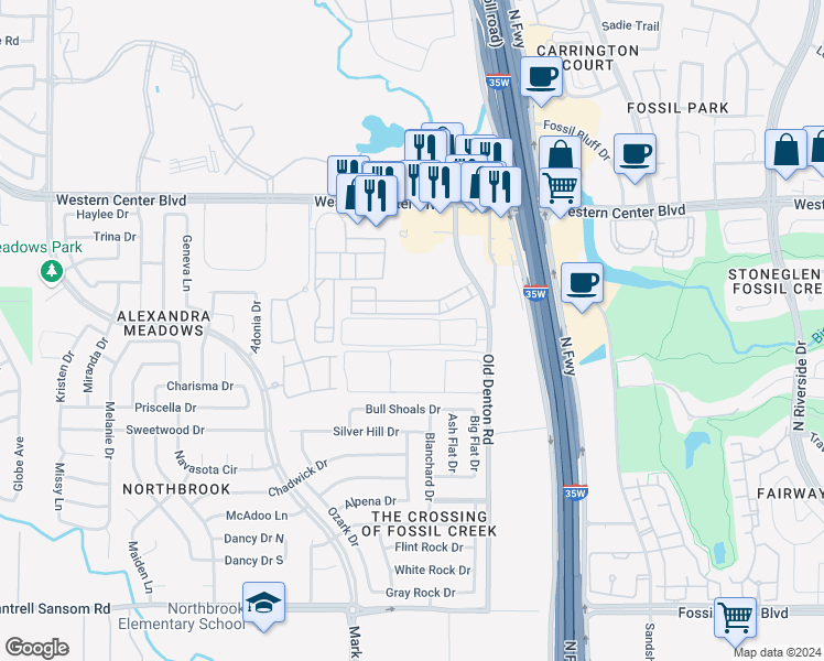 map of restaurants, bars, coffee shops, grocery stores, and more near 2828 Landing Creek Drive in Fort Worth
