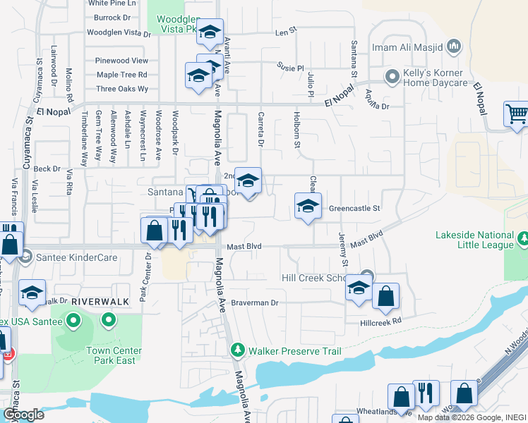 map of restaurants, bars, coffee shops, grocery stores, and more near 9915 Magnolia Avenue in Santee