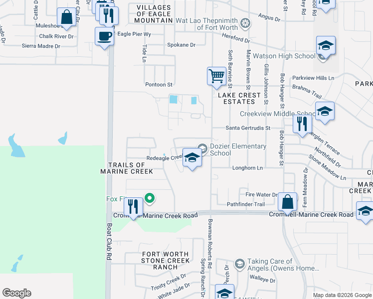 map of restaurants, bars, coffee shops, grocery stores, and more near 6717 Farsight Drive in Fort Worth