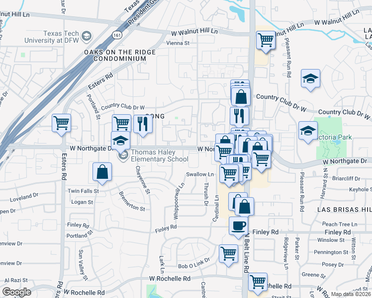 map of restaurants, bars, coffee shops, grocery stores, and more near 3720 West Northgate Drive in Irving
