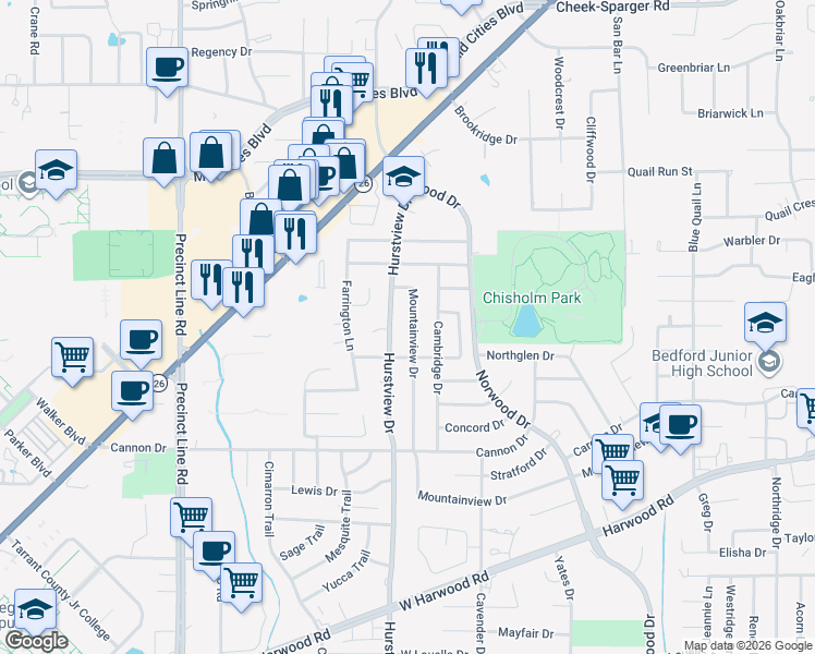 map of restaurants, bars, coffee shops, grocery stores, and more near 2228 Hurstview Drive in Hurst