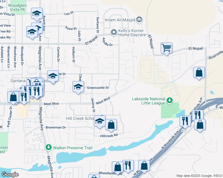 map of restaurants, bars, coffee shops, grocery stores, and more near in Santee