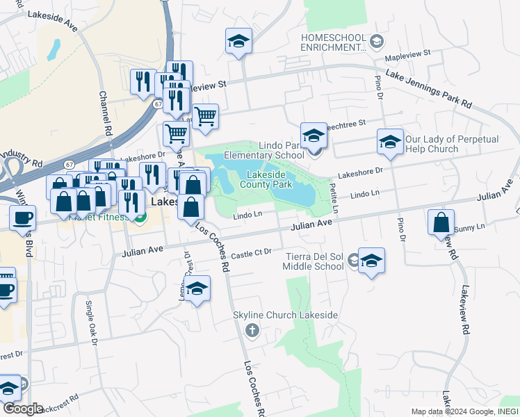 map of restaurants, bars, coffee shops, grocery stores, and more near 12726 Lindo Ln in Lakeside