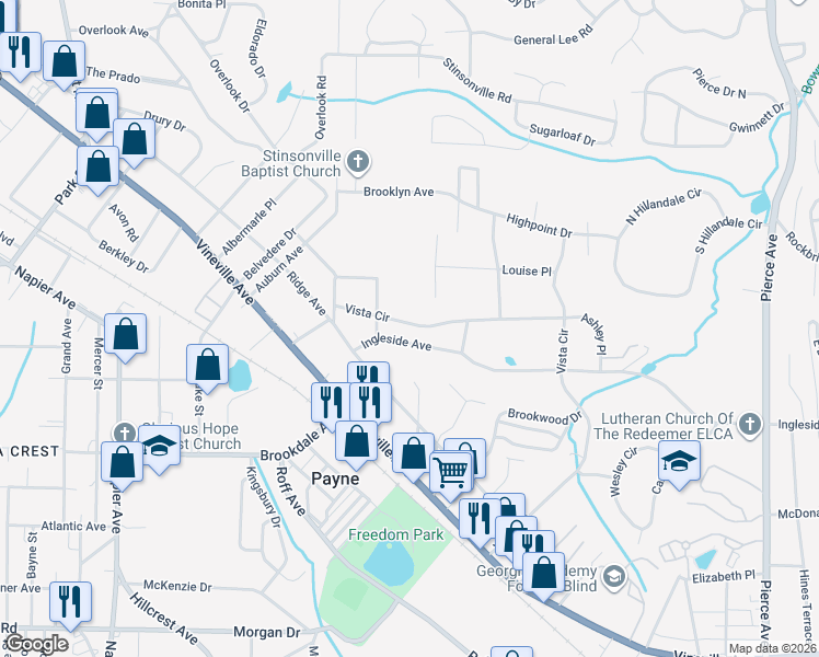 map of restaurants, bars, coffee shops, grocery stores, and more near 3245 Vista Circle in Macon