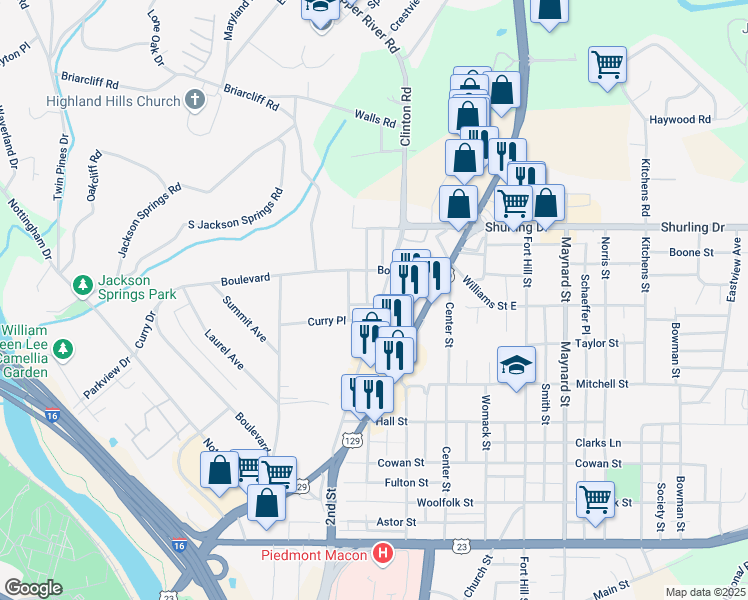 map of restaurants, bars, coffee shops, grocery stores, and more near 1156 Clinton Road in Macon