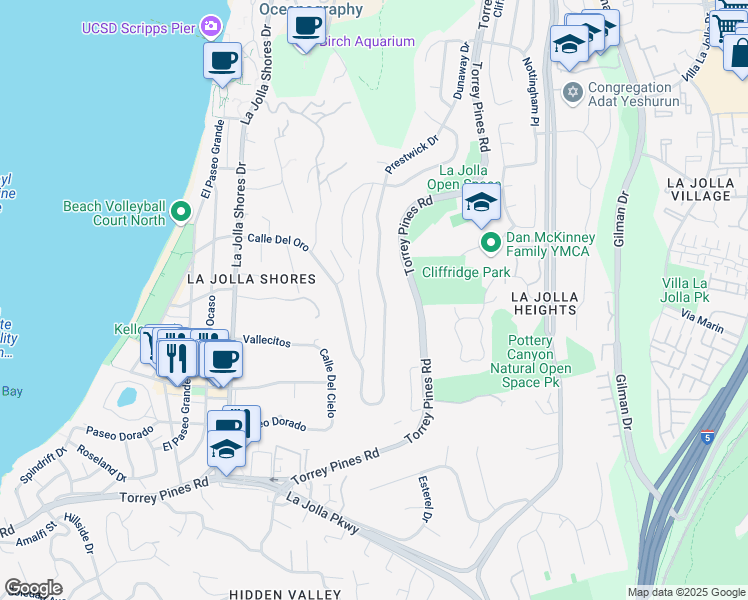 map of restaurants, bars, coffee shops, grocery stores, and more near 8294 Prestwick Drive in San Diego