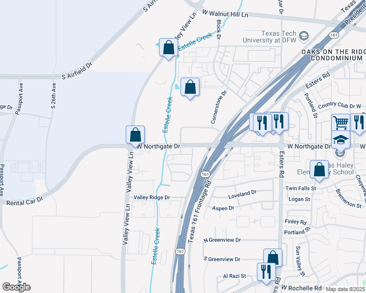 map of restaurants, bars, coffee shops, grocery stores, and more near 4510 West Northgate Drive in Irving