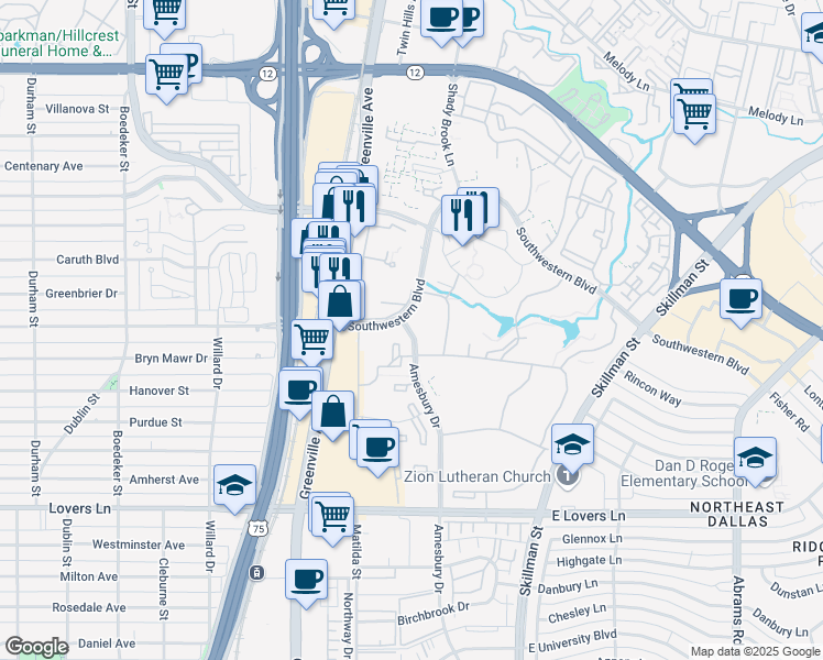 map of restaurants, bars, coffee shops, grocery stores, and more near 5658 Amesbury Drive in Dallas