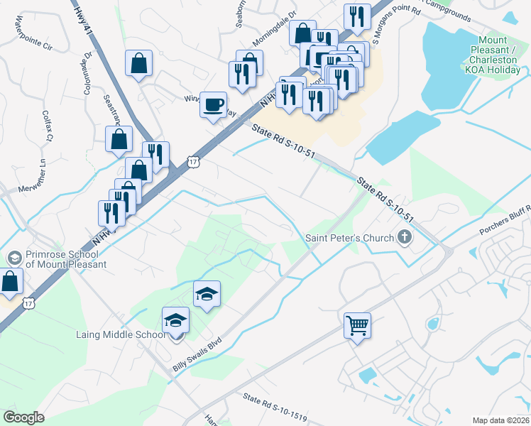 map of restaurants, bars, coffee shops, grocery stores, and more near 1165 Huro Drive in Mount Pleasant