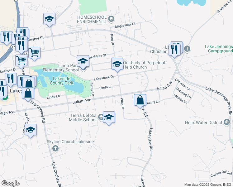 map of restaurants, bars, coffee shops, grocery stores, and more near 13138 Julian Avenue in Lakeside