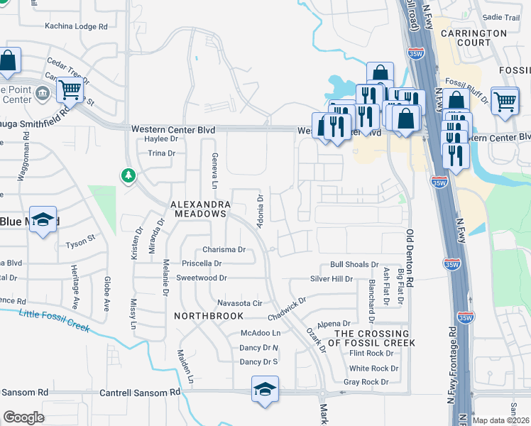 map of restaurants, bars, coffee shops, grocery stores, and more near 6256 Adonia Drive in Fort Worth