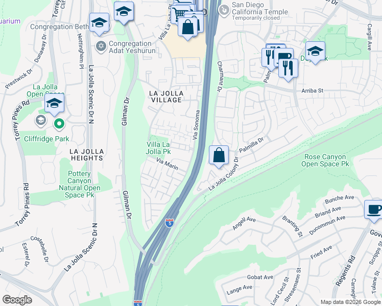 map of restaurants, bars, coffee shops, grocery stores, and more near 8340 Via Sonoma in San Diego