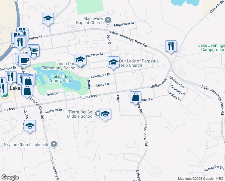 map of restaurants, bars, coffee shops, grocery stores, and more near 13138 Julian Avenue in Lakeside