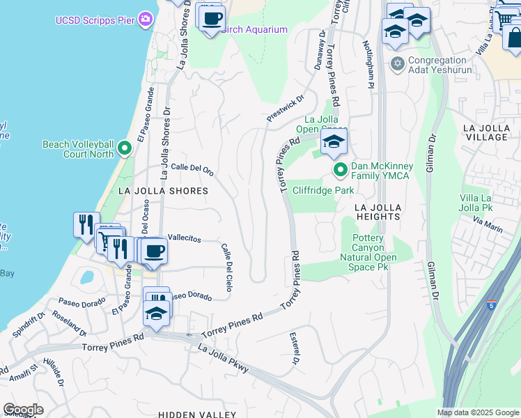 map of restaurants, bars, coffee shops, grocery stores, and more near 8294 Prestwick Drive in San Diego