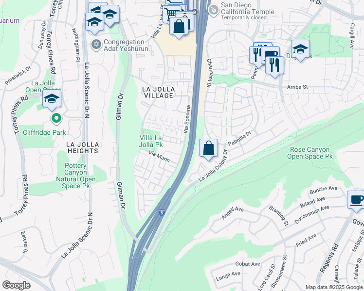 map of restaurants, bars, coffee shops, grocery stores, and more near 8340 Via Sonoma in San Diego