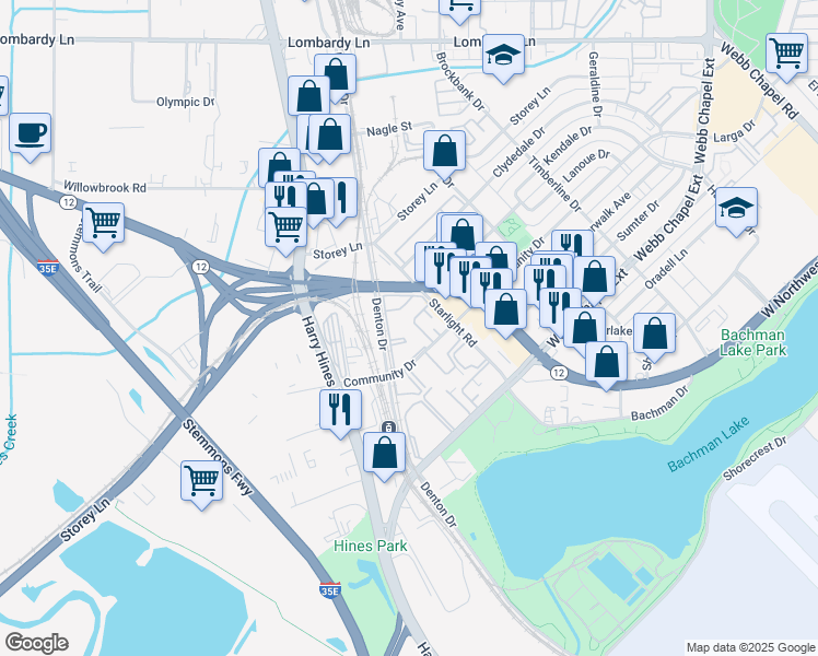 map of restaurants, bars, coffee shops, grocery stores, and more near 9825 West Northwest Highway in Dallas