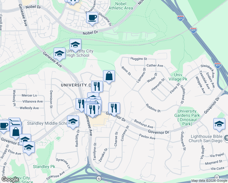 map of restaurants, bars, coffee shops, grocery stores, and more near 6551 Edmonton Avenue in San Diego