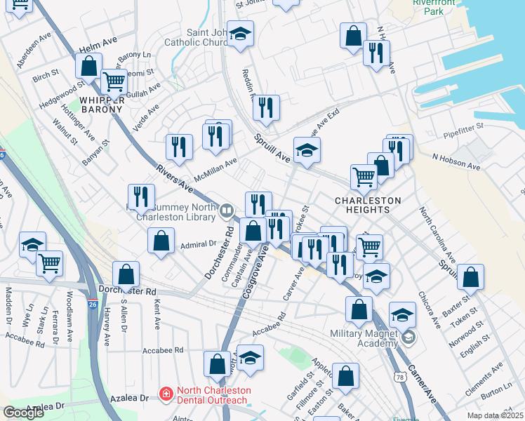 map of restaurants, bars, coffee shops, grocery stores, and more near 3434 Apache Street in North Charleston