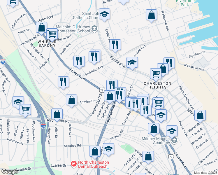map of restaurants, bars, coffee shops, grocery stores, and more near 3600 Rivers Avenue in North Charleston