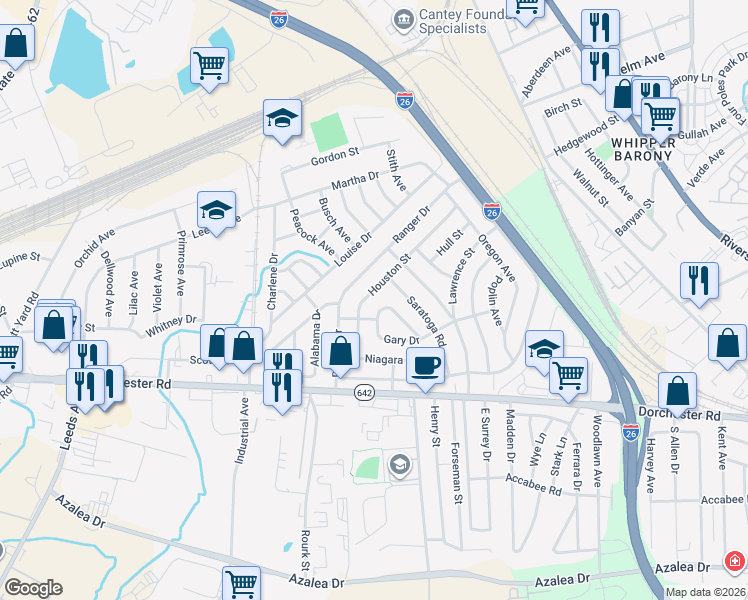 map of restaurants, bars, coffee shops, grocery stores, and more near 2751 Houston Street in North Charleston