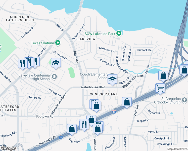 map of restaurants, bars, coffee shops, grocery stores, and more near 4017 Wynford Drive in Garland