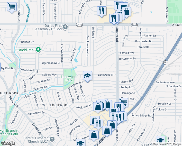 map of restaurants, bars, coffee shops, grocery stores, and more near 11836 Sunland Street in Dallas