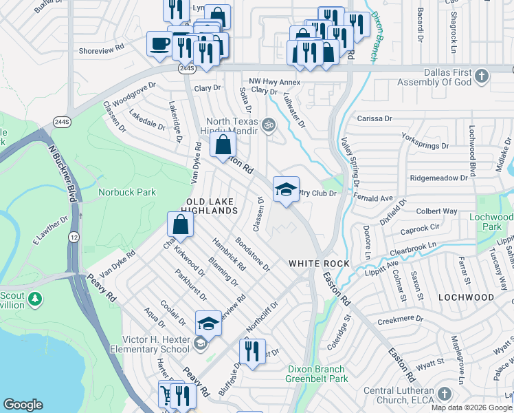 map of restaurants, bars, coffee shops, grocery stores, and more near 415 Classen Drive in Dallas
