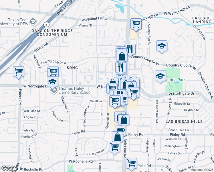 map of restaurants, bars, coffee shops, grocery stores, and more near 3505 West Northgate Drive in Irving