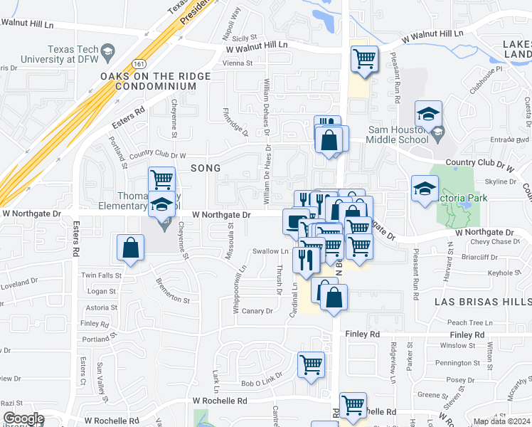 map of restaurants, bars, coffee shops, grocery stores, and more near 3545 West Northgate Drive in Irving