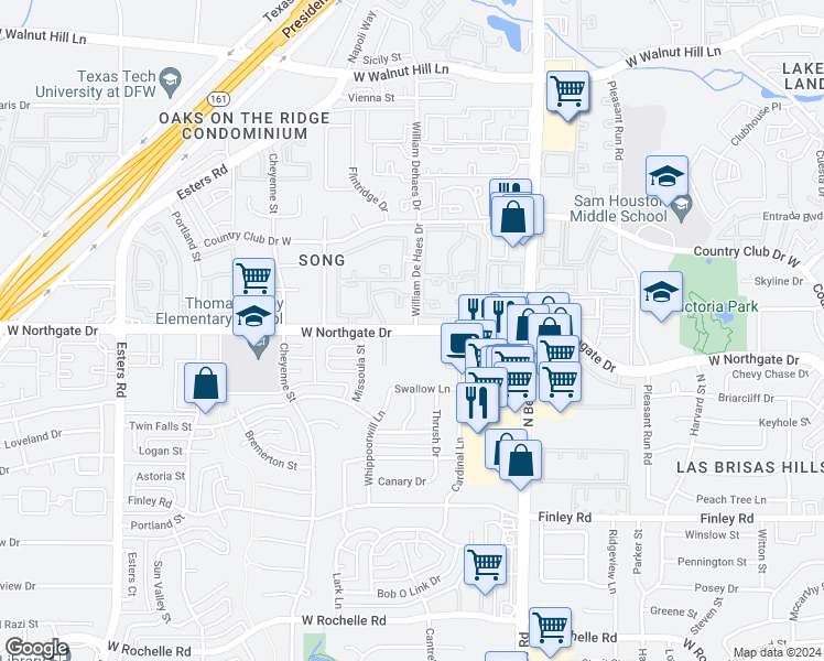 map of restaurants, bars, coffee shops, grocery stores, and more near 3545 West Northgate Drive in Irving