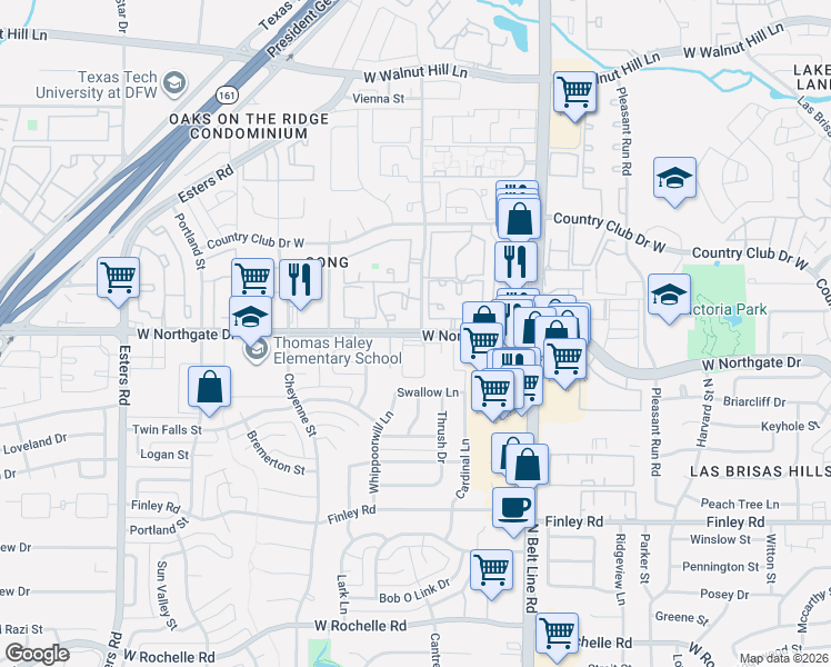 map of restaurants, bars, coffee shops, grocery stores, and more near 3545 West Northgate Drive in Irving