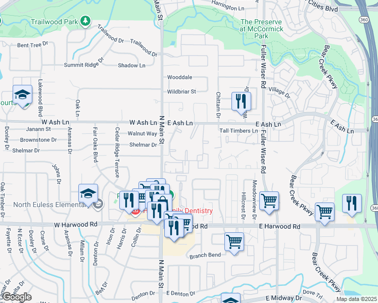 map of restaurants, bars, coffee shops, grocery stores, and more near 1350 North Main Street in Euless